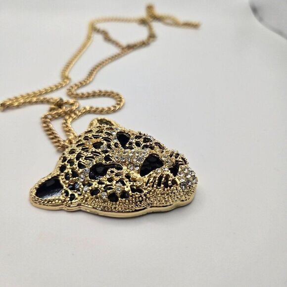 Natasha Couture Large Panther Leopard Gold Tone Necklace Rhinestone Cheetah - Picture 6 of 8